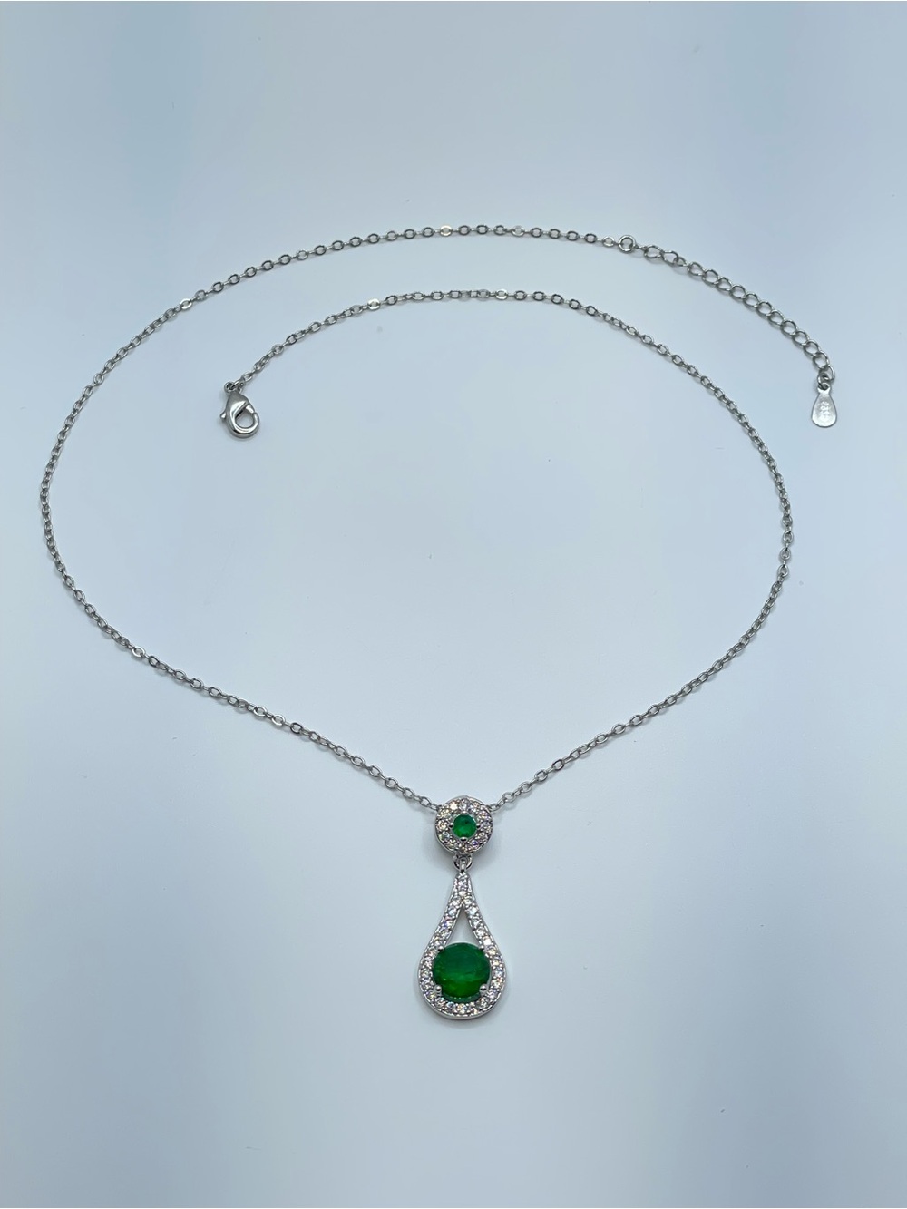 Silver Emerald Green Cubic Zirconia Halo Tear Drop Necklace